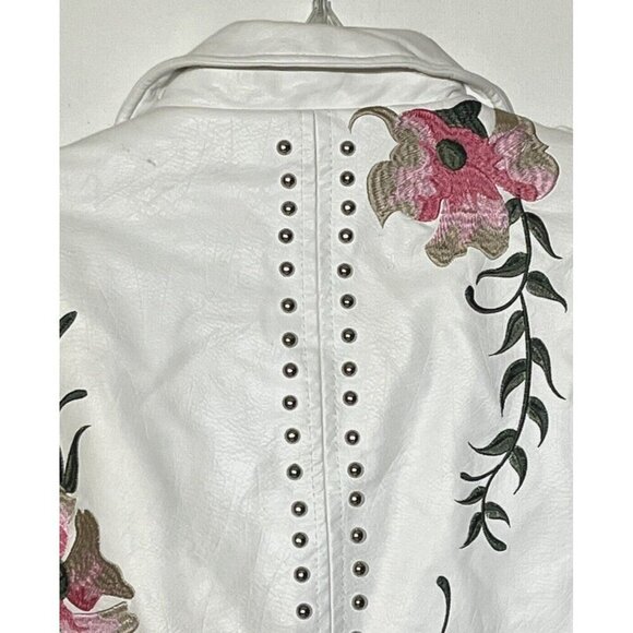 Faux Vegan Leather White Floral Embroidered Studded Zip Biker Moto Jacket - Picture 13 of 14